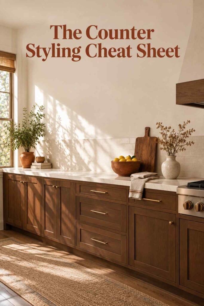 Kitchen Counter Decor Ideas to Transform Your Kitchen in 2026 10 Full view of a warm white kitchen counter styled with a bowl, cutting board, towel, and vase, lit by window light.