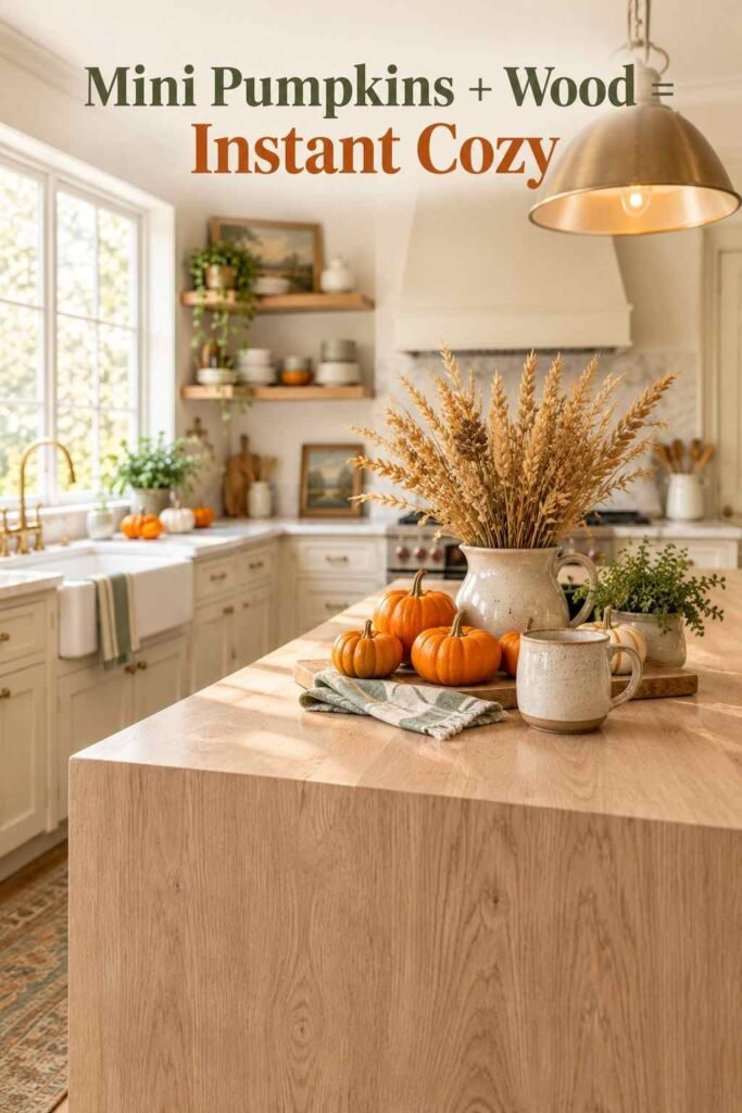 Close-up of a wood kitchen island styled with mini pumpkins, dried wheat, and a stoneware mug.