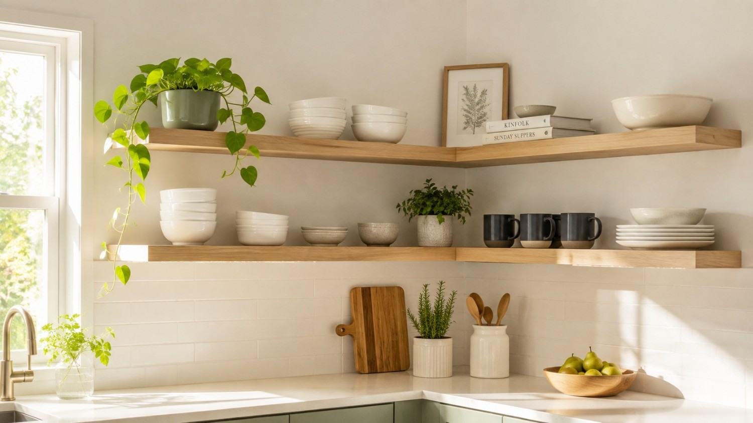 Bright kitchen with blonde wood L-shaped corner shelves and a warm wood, sage and charcoal color palette strip