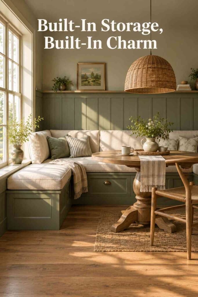 L-shaped cream banquette turning a corner with sage green paneling and built-in bench storage below the seat.