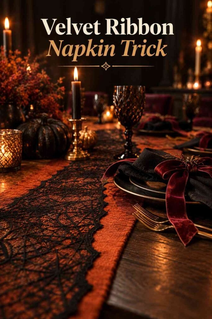 Close-up of a black lace spiderweb table runner layered over burnt orange linen with a velvet-ribbon-tied napkin.