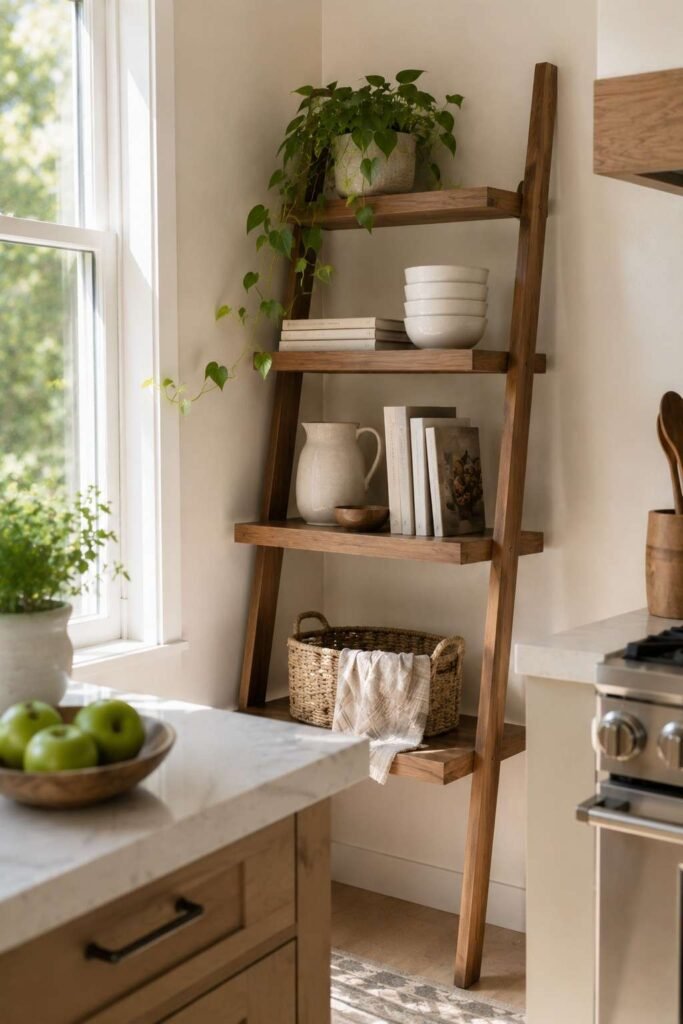 26 Kitchen Open Shelving Ideas for Corners: Styles, Sizes and Layouts 14 Ladder-style corner shelf holding cookbooks and plants in a kitchen