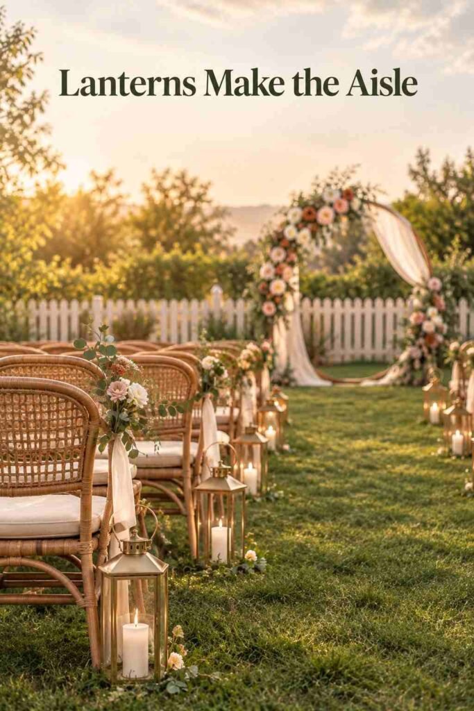 Rows of rattan chairs beside a grass aisle lined with brass lanterns, with a draped floral arch softly blurred behind.