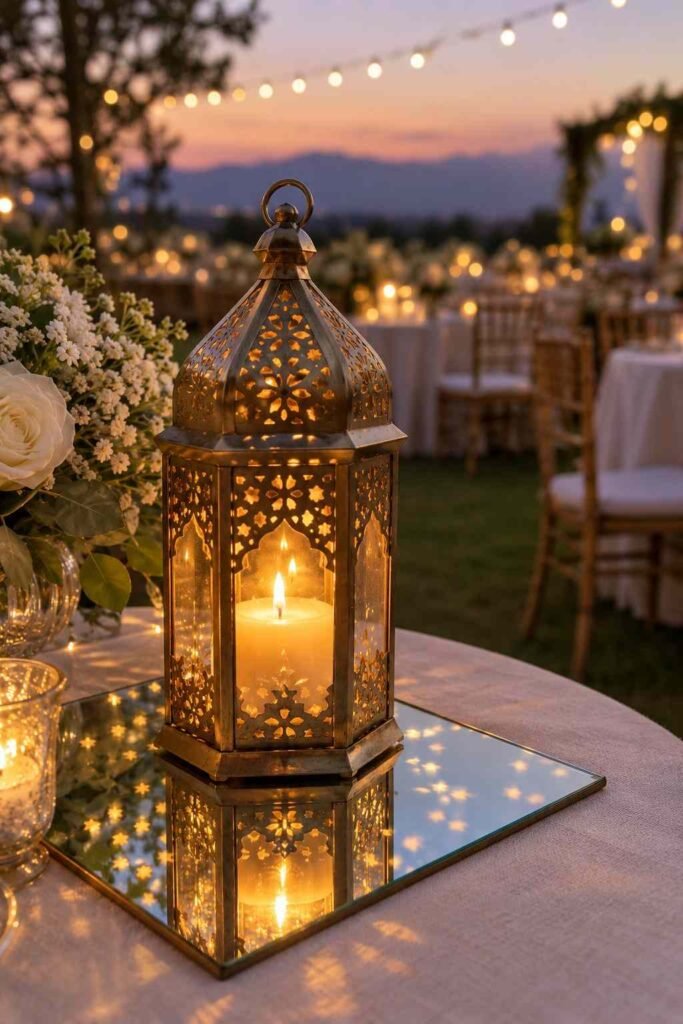Lantern on a mirror tile casting patterns at an outdoor wedding table.