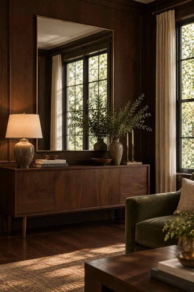 26 Dark Wood Living Room Design Ideas for Walls, Floors & Furniture 18 Large mirror opposite a window reflecting light in a dark wood living room