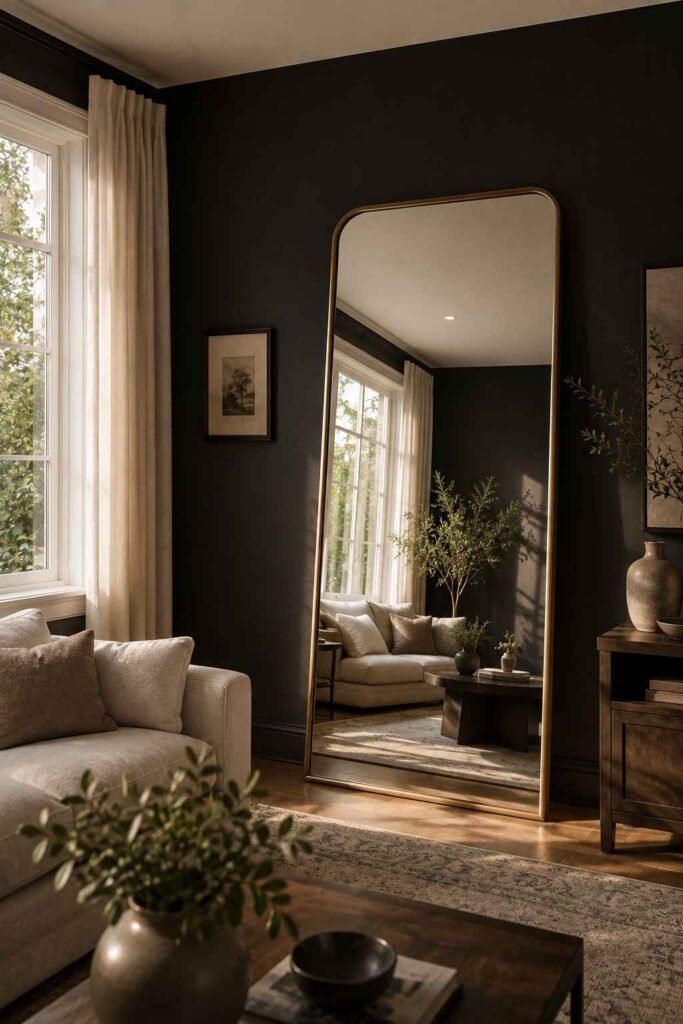 Brass-framed floor mirror opposite a window reflecting daylight in a charcoal living room.