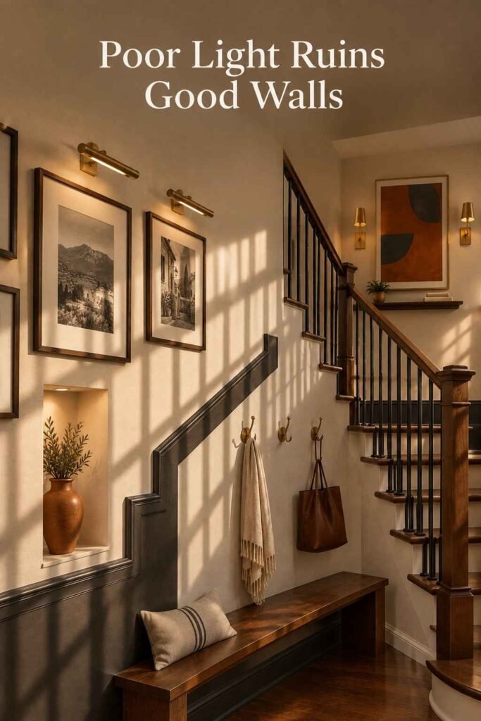 Wall-Going-Downstairs Ideas to Turn Your Staircase Into a Showpiece 14 Golden late-afternoon light casting baluster shadows in diagonal stripes across a cream staircase wall and framed photographs.