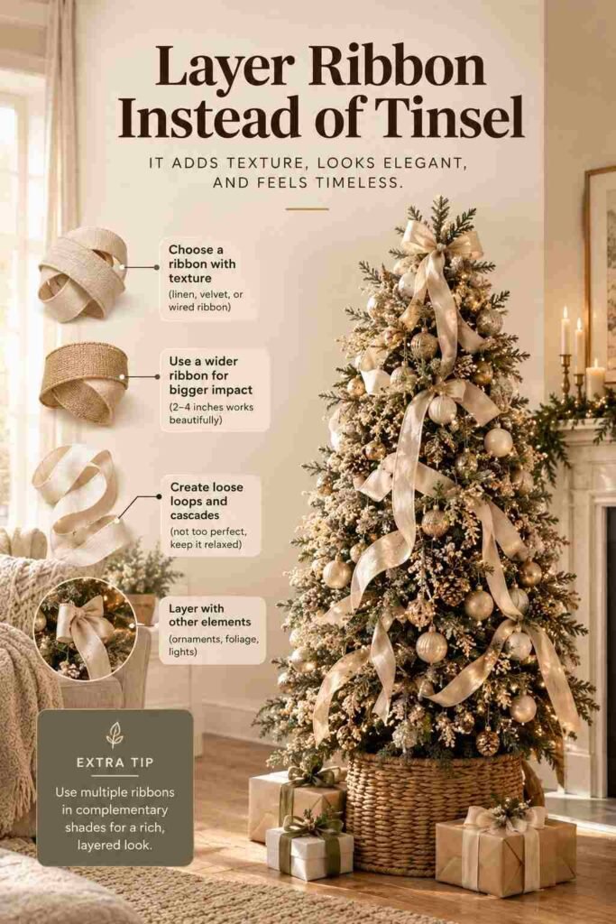 Neutral Christmas Decor Ideas for a Calm, Cozy, and Elegant Holiday Home 4 Elegant Christmas tree decorated with layered cream ribbons, neutral ornaments, greenery, and warm lights, showing how to use ribbon instead of tinsel.