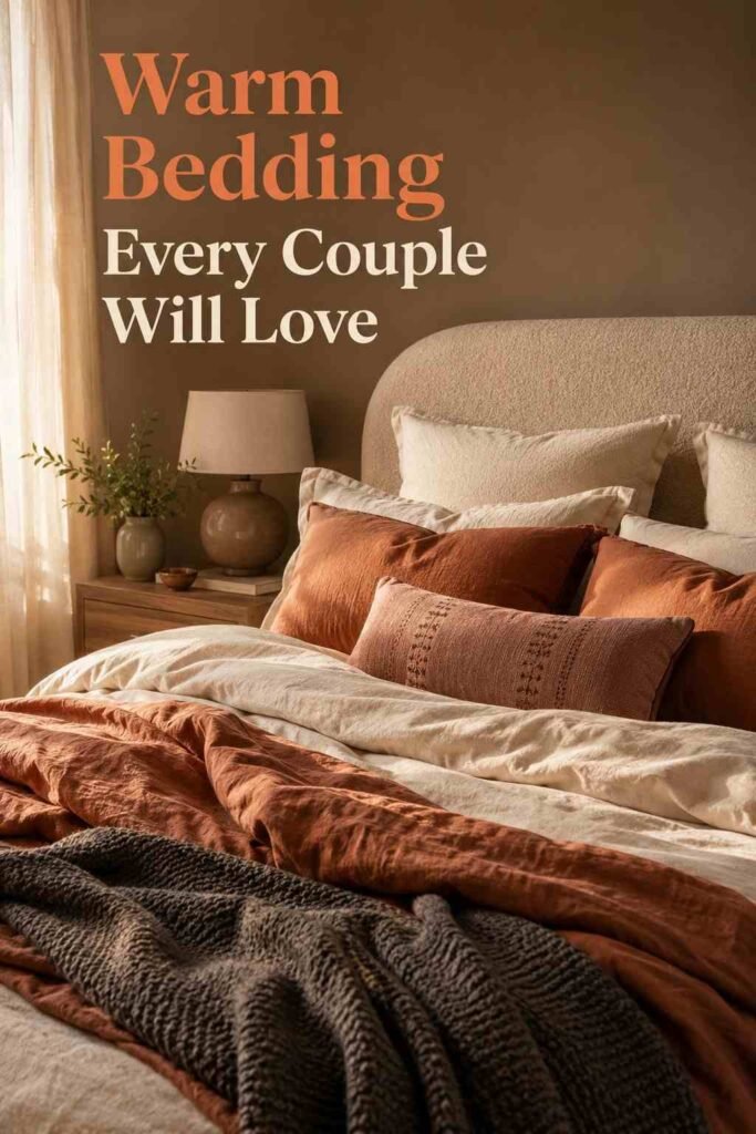 Close-up of layered cream and terracotta bedding with a dusty rose pillow and charcoal knit throw.