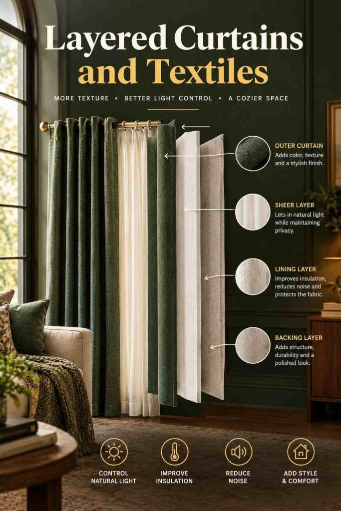 Moody Home Office Ideas to Create a Dramatic, Productive Workspace 9 Layered curtains and textiles in a cozy living room, featuring an exploded view of outer curtains, sheer fabric, lining, and backing layers in olive green and neutral tones.