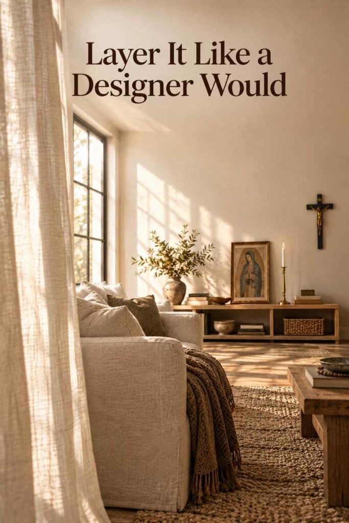 Layered view of a linen curtain, taupe armchair, and wood shelf in a warm neutral living room.