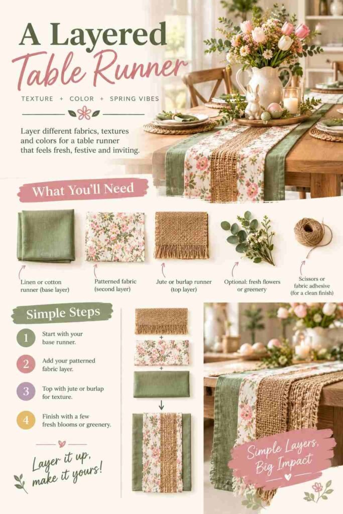 Fresh & Chic Easter Home Decor Ideas to Brighten Every Room This Spring 7 Layered Easter table runner styled with sage linen, floral fabric, jute, fresh greenery, pastel eggs, candles, and spring tableware.