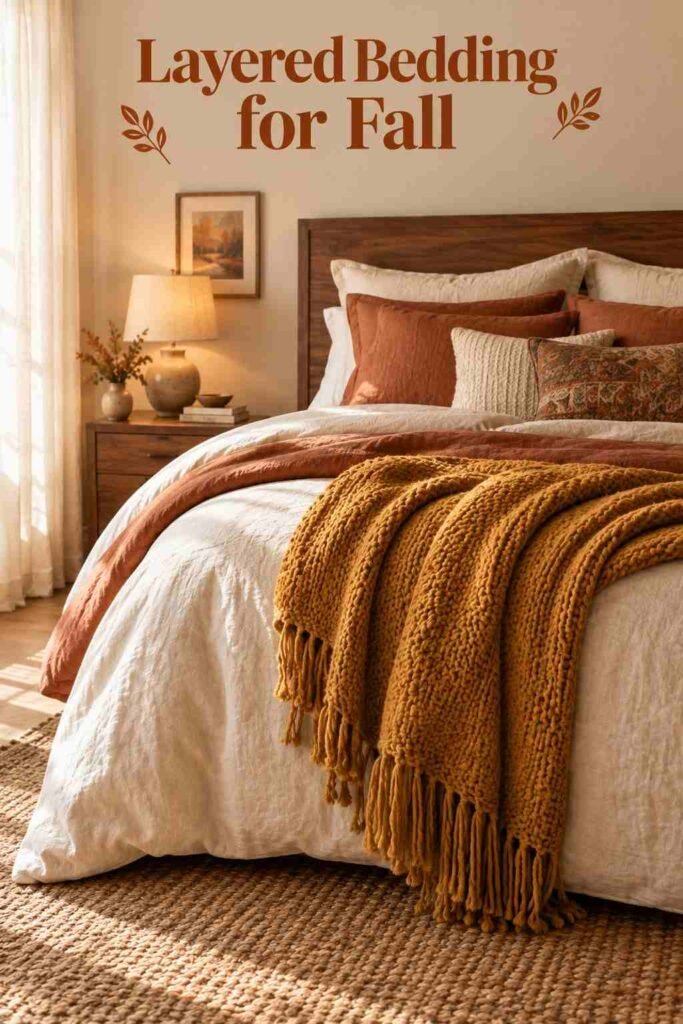 Close-up of folded mustard knit throw over terracotta and cream layered bedding.