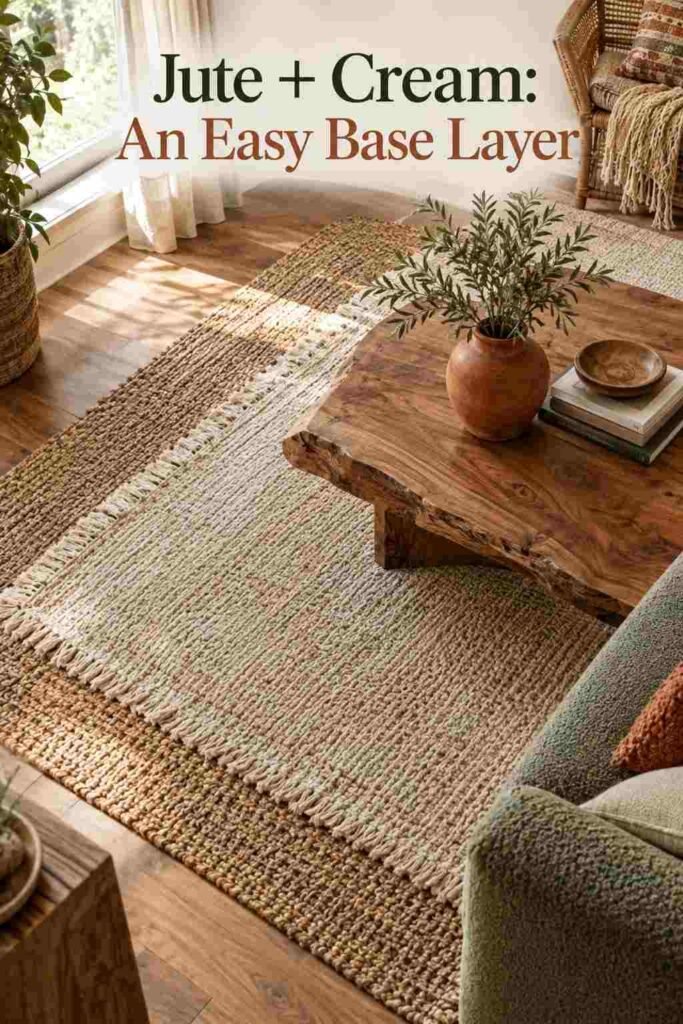 Sage Green and Terracotta Decor Ideas to Transform Every Room in Your Home 4 Layered jute and cream rug beneath a wood coffee table in a sage and terracotta living room.