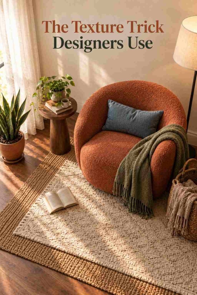 Overhead view of a reading corner showing a jute base rug layered with a smaller cream wool rug beneath a terracotta armchair and woven basket.