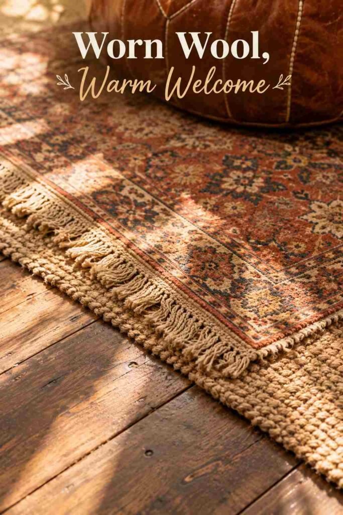 Boho Sunroom Ideas Vintage Lovers Will Adore 4 Faded rust kilim layered over a jute rug on a worn wide-plank wood floor in soft window light.