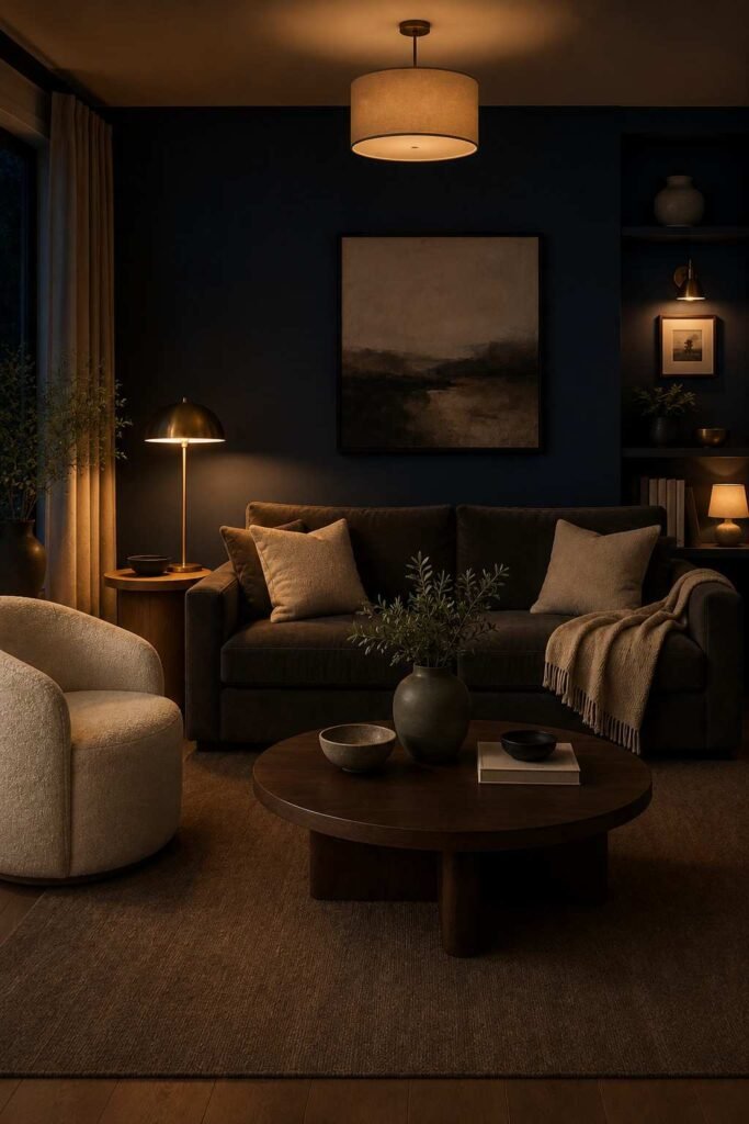 Layered warm lighting with floor lamp, table lamp, and sconce in a navy living room.