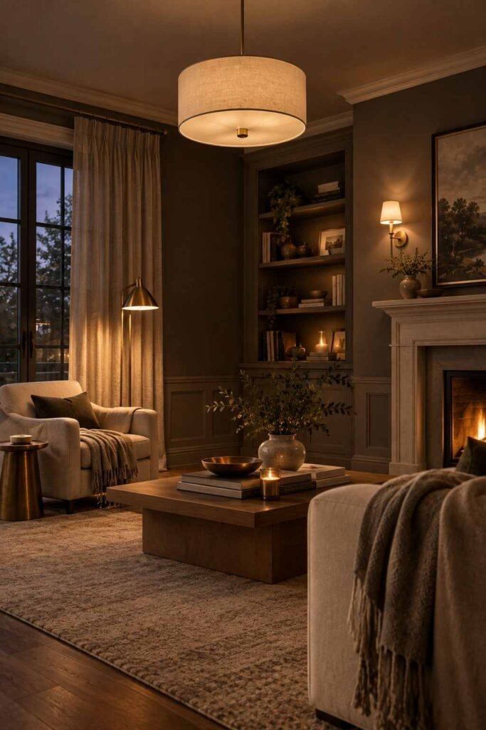 25 Dark Living Room Ideas to Brighten Your Home Without a Renovation 5 Layered ambient, task, and accent lighting in a dark living room