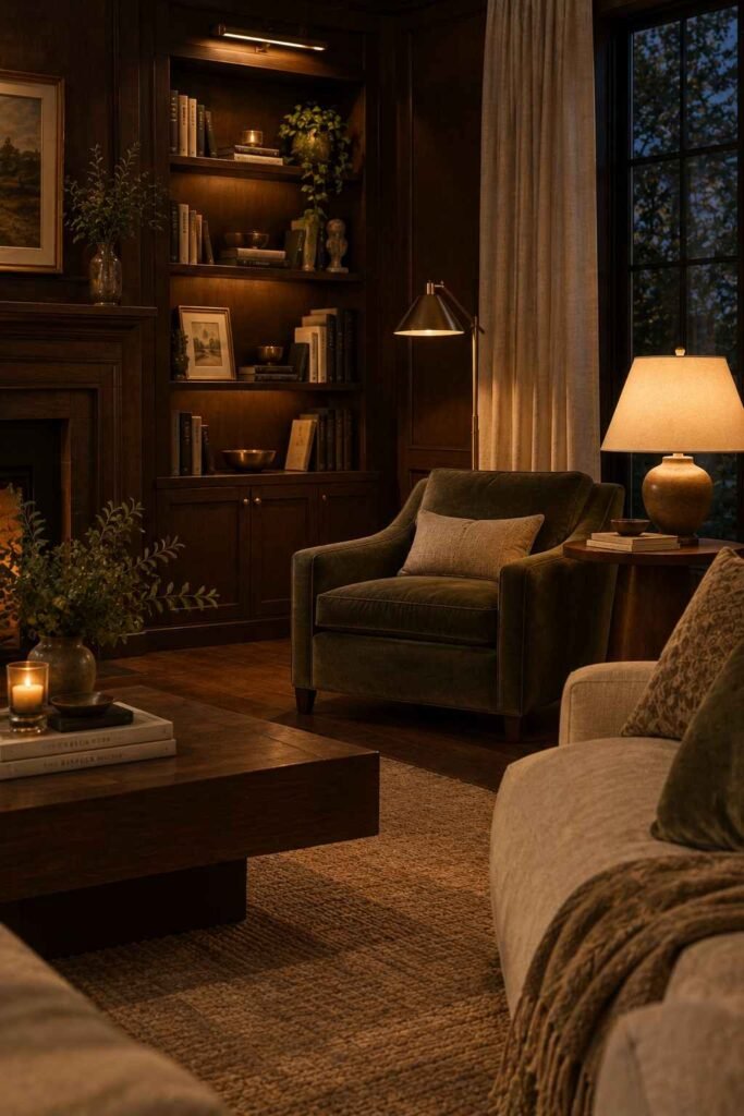 26 Dark Wood Living Room Design Ideas for Walls, Floors & Furniture 17 Layered warm lighting in a dark wood living room at dusk