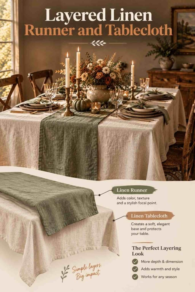 A rustic Thanksgiving dining table featuring a cream linen tablecloth layered with a sage green linen runner, autumn florals, brass candleholders, and elegant stoneware place settings.