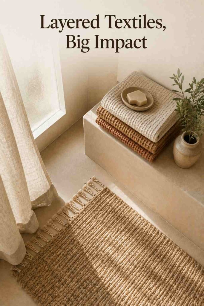Woven jute bath mat, linen shower curtain, and stacked waffle towels in cream and clay tones.