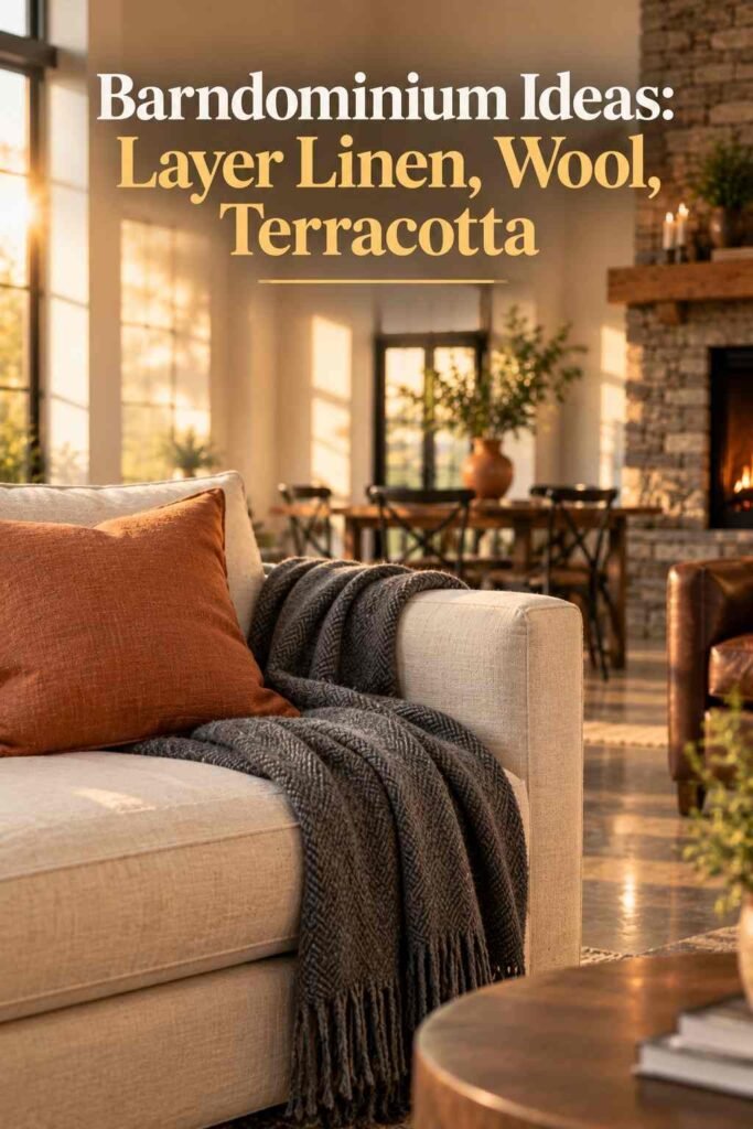 Barndominium Ideas to Inspire Your Exterior, Layout, and Interior 3 Cream linen sofa arm draped with a slate-grey wool throw and a terracotta cushion beside the corner of a walnut coffee table.