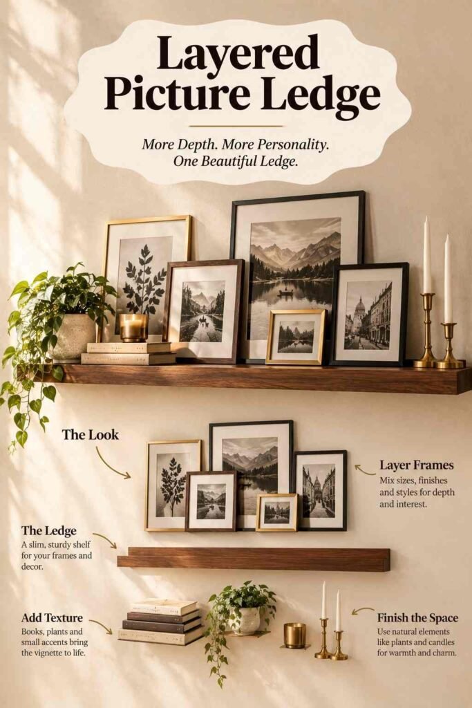 Layered picture ledge with overlapping framed artwork, books, greenery, and brass accents on a neutral wall.