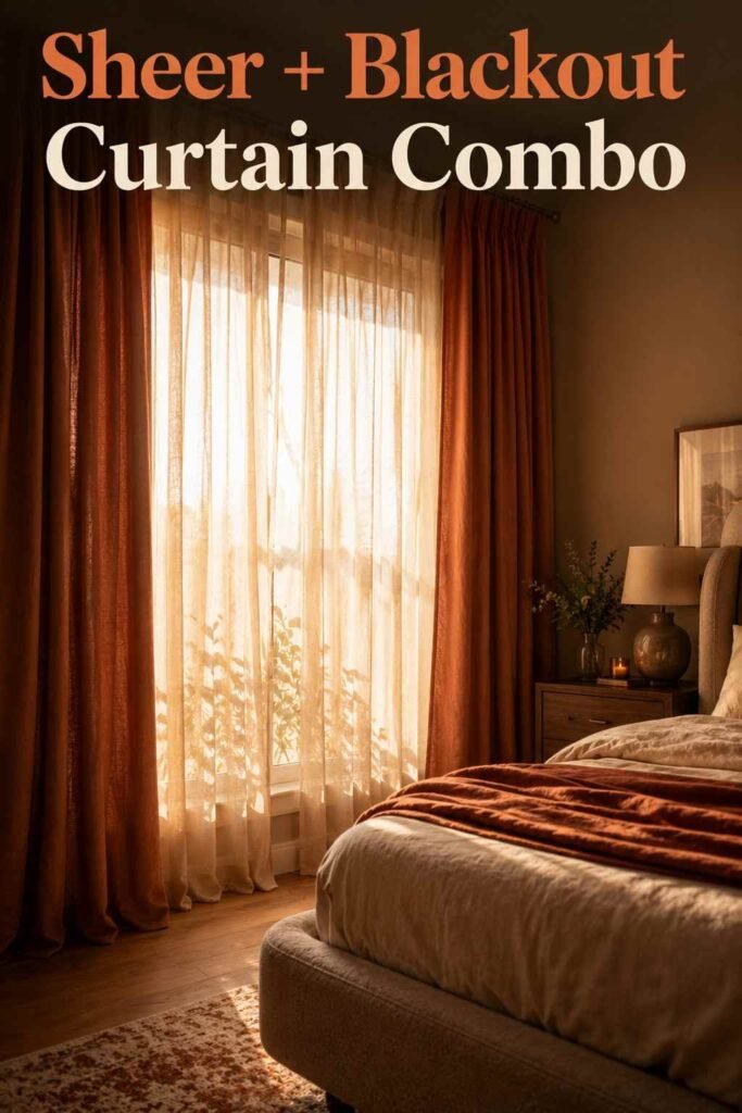 Sheer linen curtains layered under heavier terracotta drapery, lit by golden-hour light in a warm bedroom.