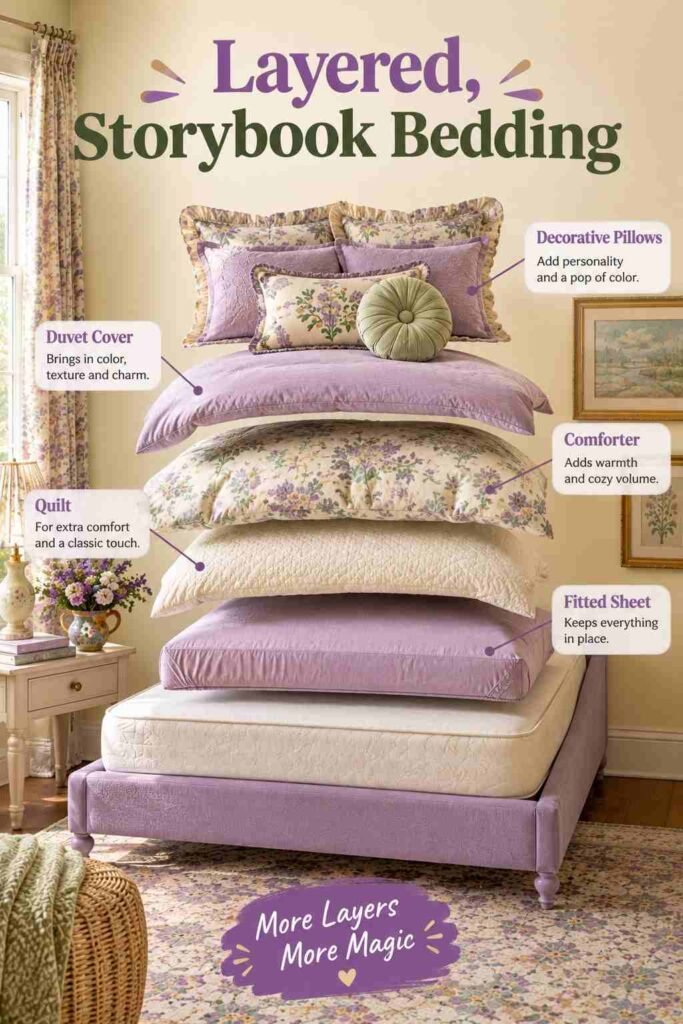 Layered storybook bedding in a whimsical lavender and cream bedroom with floral pillows, quilt, duvet, and decorative cushions arranged in an exploded view.