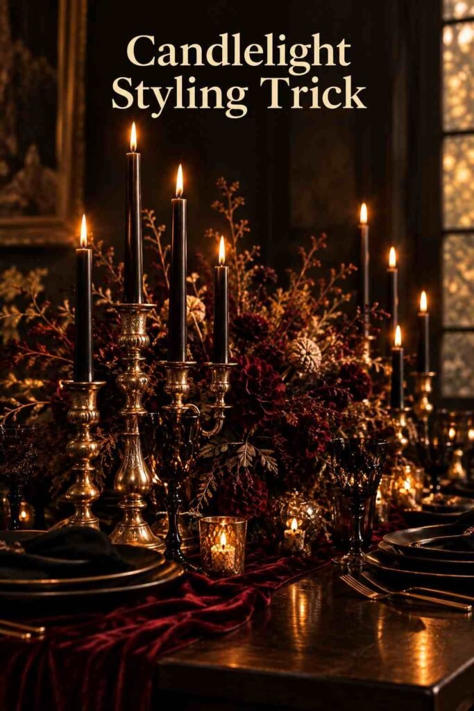 Black taper candles of varying heights burning in aged-gold candelabras on a dining table.