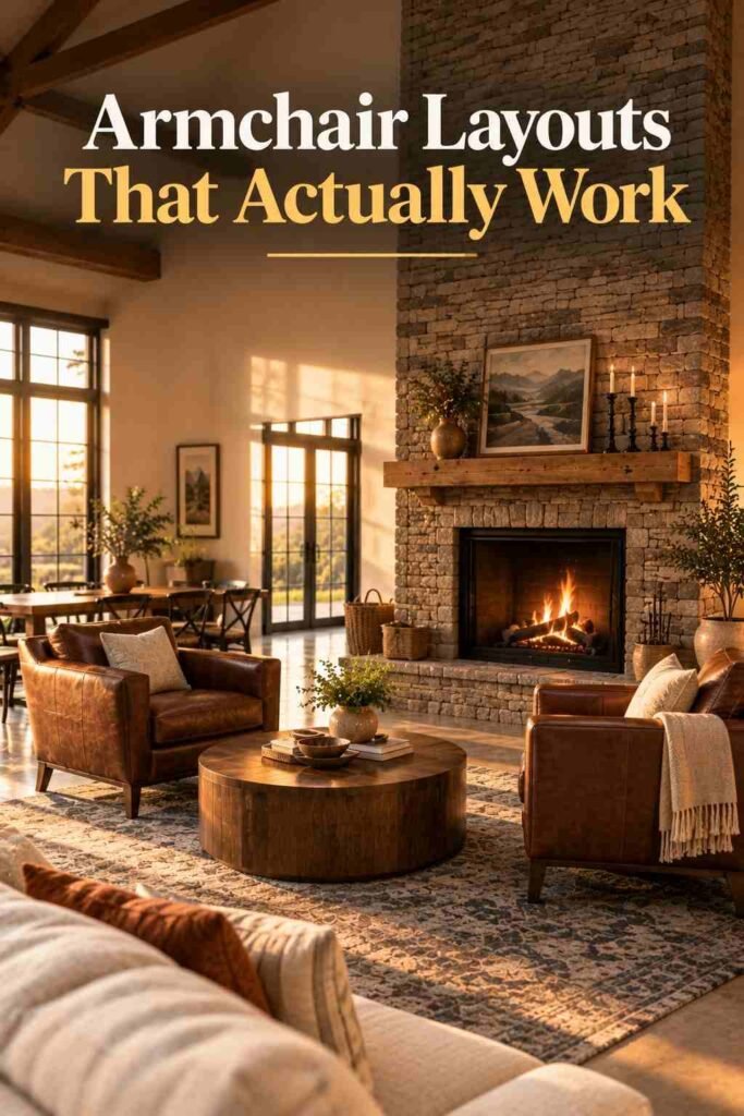 Barndominium Ideas to Inspire Your Exterior, Layout, and Interior 13 Two brown leather armchairs angled toward a round walnut coffee table and stacked-stone fireplace, seen over the back of a cream sofa.