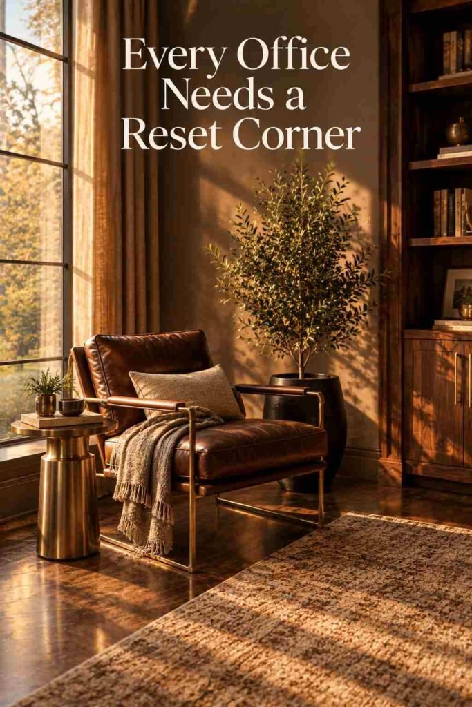 Luxury Home Office Aesthetic Ideas to Build a Refined Workspace at Home 7 Leather and brass reading chair positioned beside a tall window with warm afternoon light.