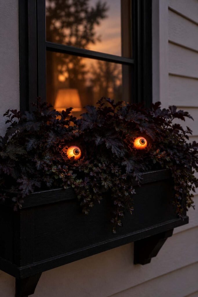 Halloween Window Boxes: Spooky, Elegant & Budget-Friendly Ideas for Every Home 7 Glowing LED eye picks tucked into a Halloween window box at dusk