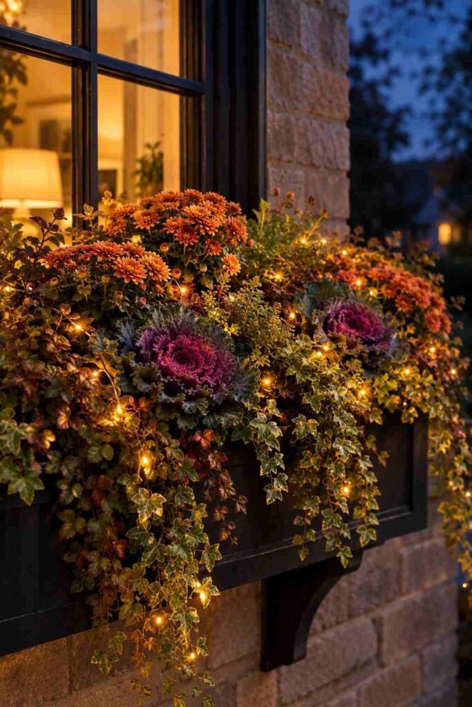 25 stylish Autumn Window Boxes: pansies, violas, heuchera to Make Your Home Glow 16 Warm LED string lights glowing in a fall window box at dusk
