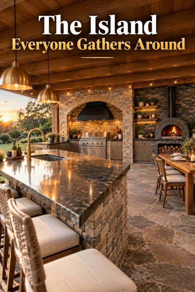 Low view along a ledgestone outdoor kitchen island with a honed charcoal granite counter leading toward an arched stone grill alcove.
