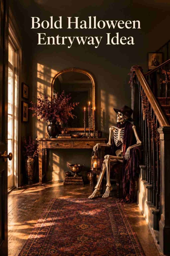 Spooky Halloween Entryway Decor Ideas for a Hauntingly Beautiful Front Entrance 3 Life-size decorative skeleton seated beside a console table and staircase, holding a small lantern, in a maximalist Halloween entryway.
