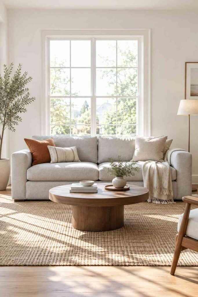 Light grey couch in a bright living room filled with natural light
