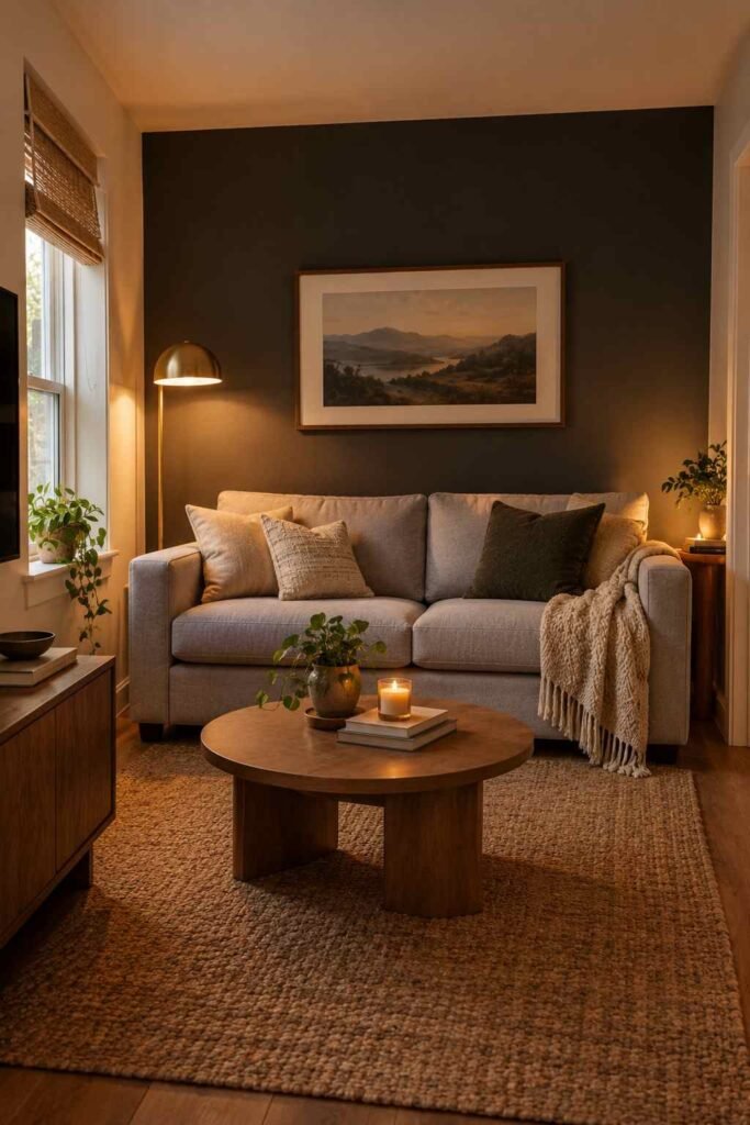 Light grey couch against a single charcoal accent wall in a small living room