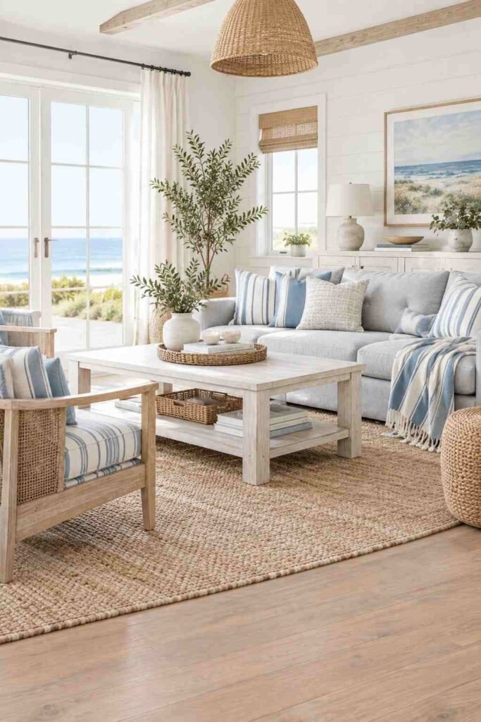 Light grey couch styled in a coastal living room with blue and white accents