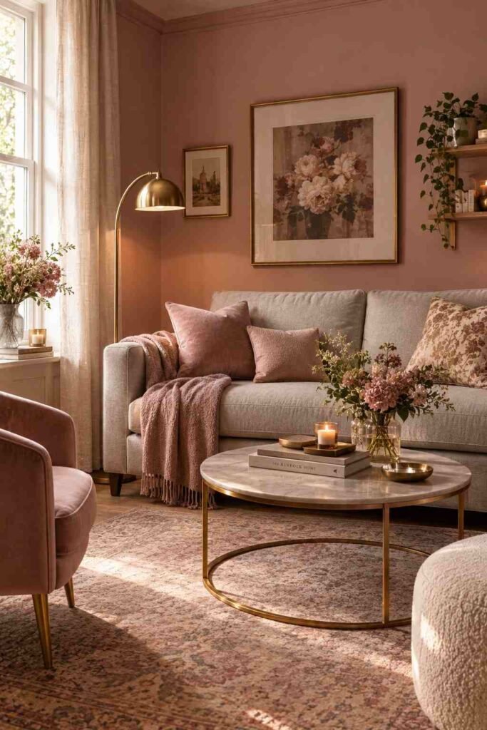Light grey couch styled against soft dusty rose walls