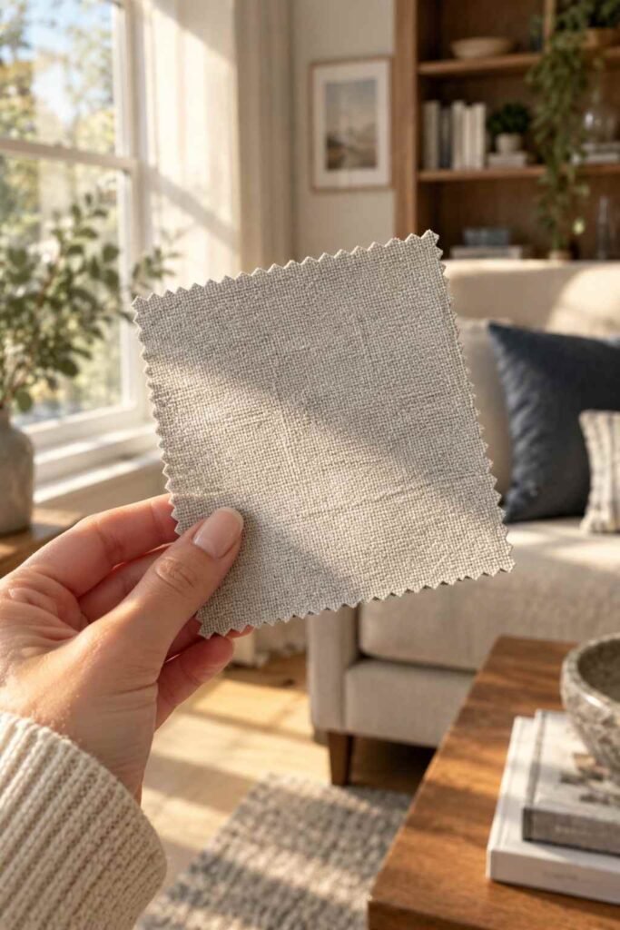 Holding a light grey couch fabric swatch up to natural window light