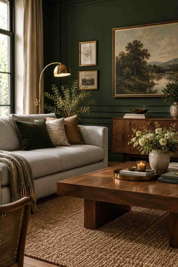 Light grey couch in front of a deep forest green accent wall
