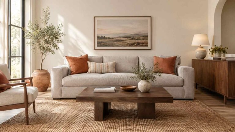 Light grey couch living room with terracotta and walnut color