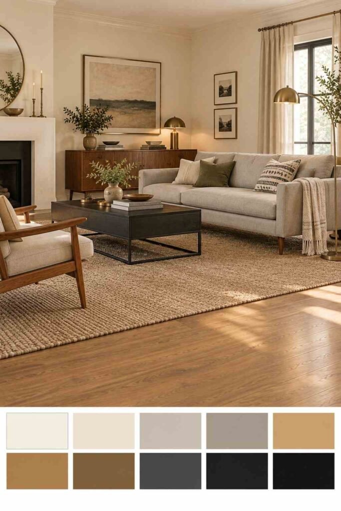 Light grey couch in a mid-century living room with black and brass color palette swatches