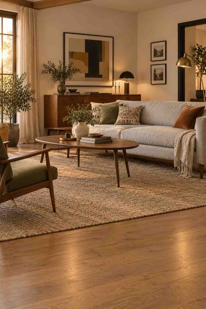 Light grey couch with tapered wood legs in a mid-century modern living room