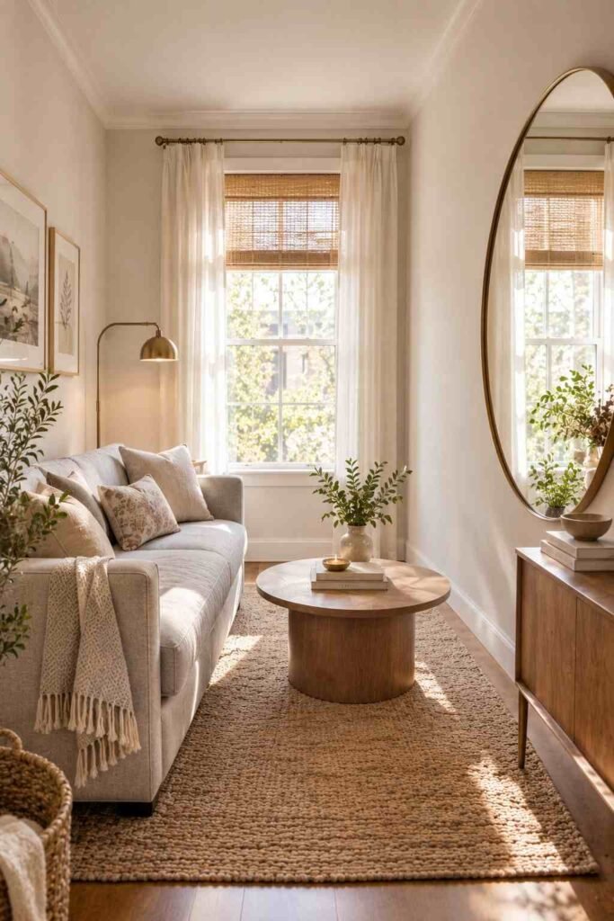 Large mirror positioned opposite a light grey couch in a small living room