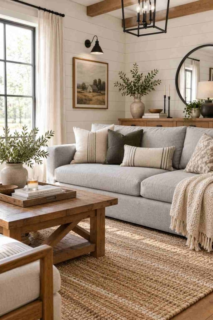 Light grey couch in a modern farmhouse living room with shiplap walls