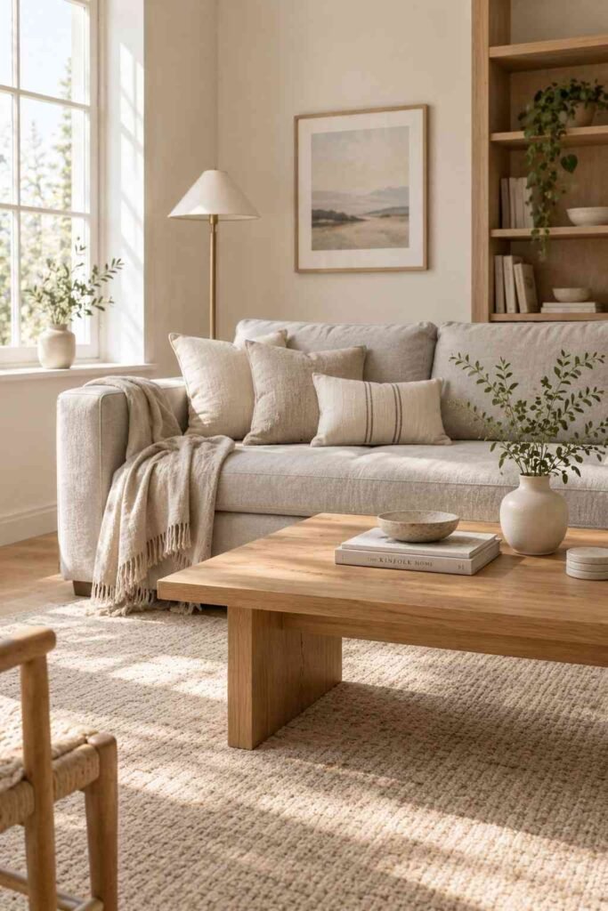 Light grey couch styled with oak wood and linen textures in a Scandinavian living room