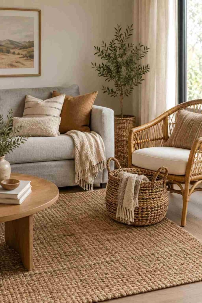 Light grey couch paired with a rattan accent chair and woven textures