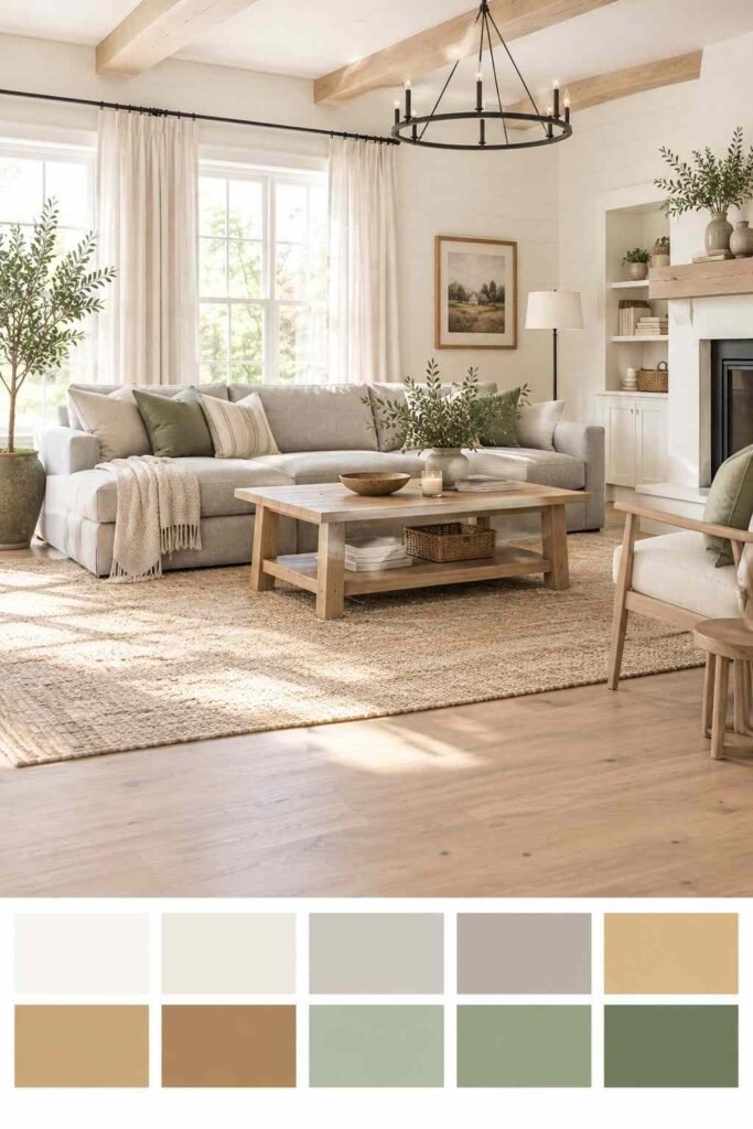 Light grey couch in a Scandi farmhouse living room with sage and blonde wood color palette
